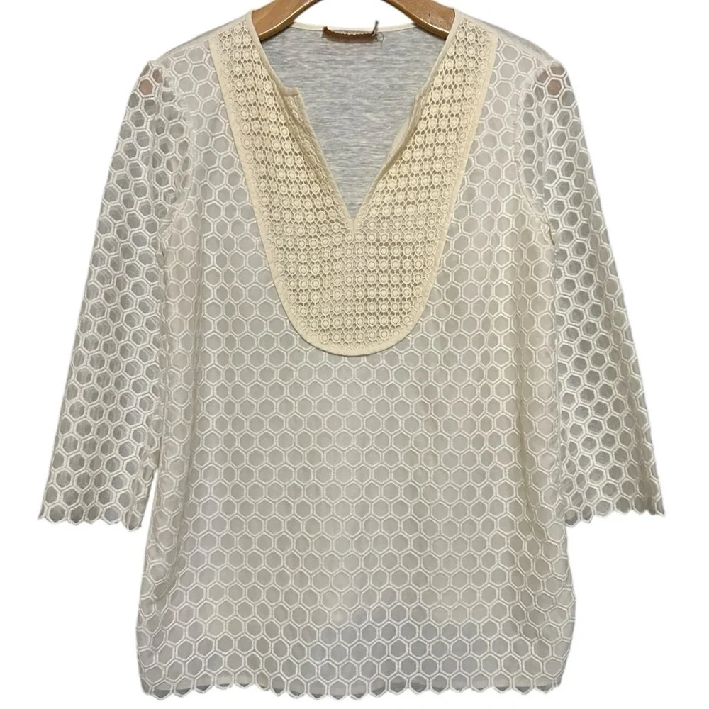 Tory Burch Women’s Size S Cream Ivory Tali Honeycomb Lace Long Sleeve Top